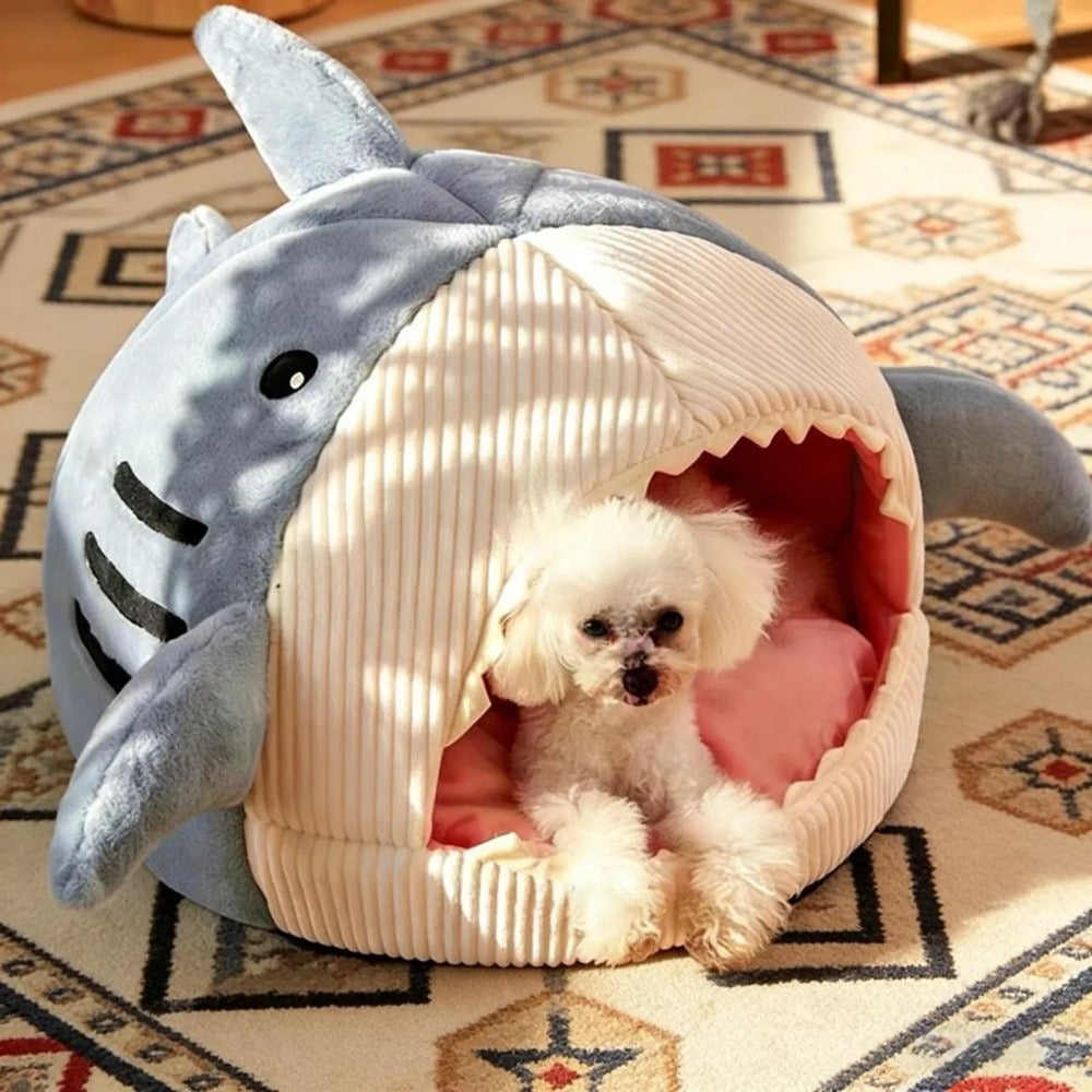 Shark-Shaped Cat Bed: Warm Plush Kitten Hideout
