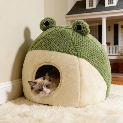 Frog Shaped Cat Bed, Semi-Enclosed Plush Pet Nest (Large Size)