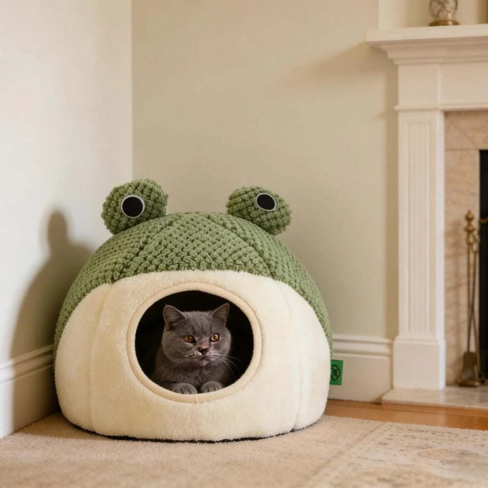 Frog Shaped Cat Bed, Semi-Enclosed Plush Pet Nest (Large Size)