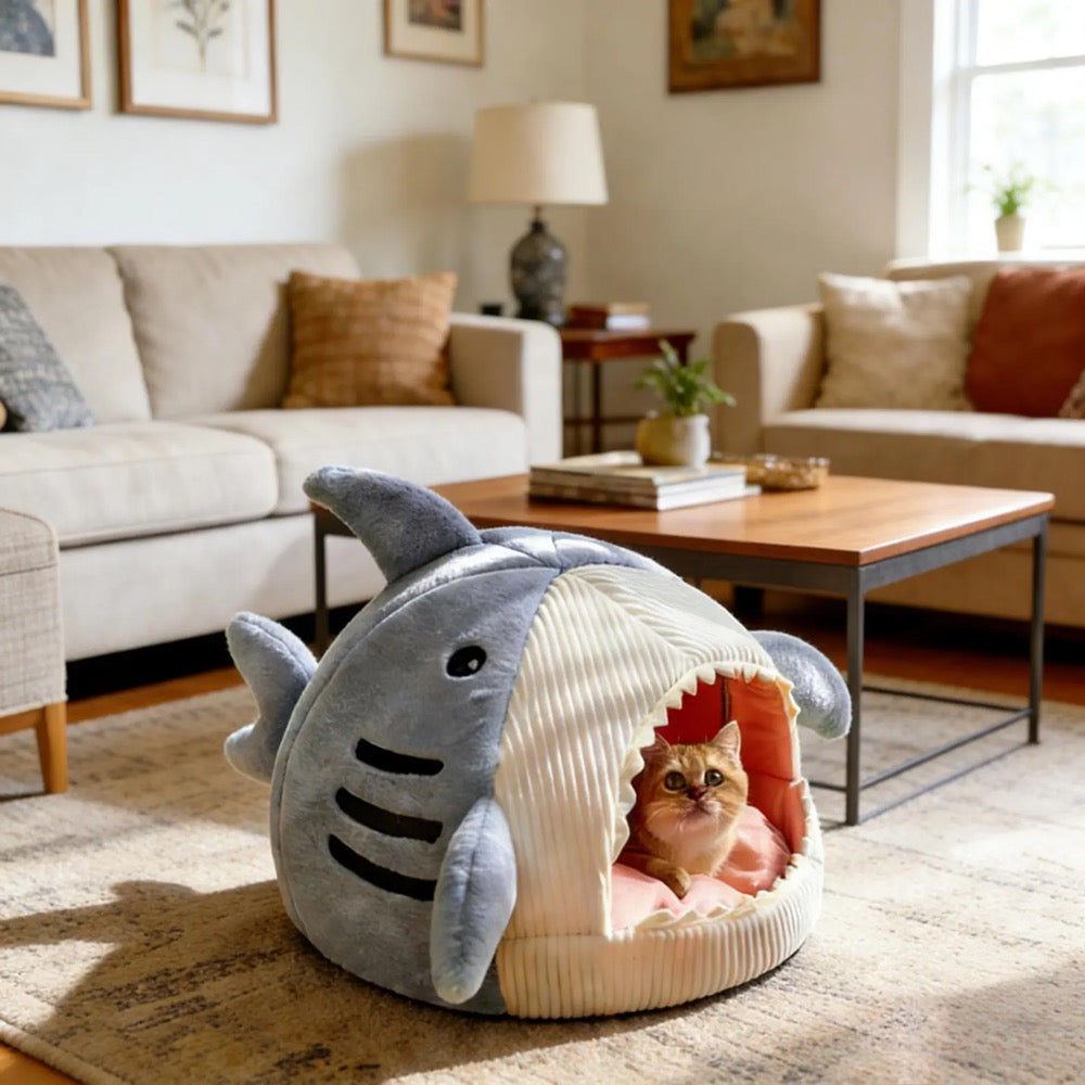 Shark-Shaped Cat Bed: Warm Plush Kitten Hideout