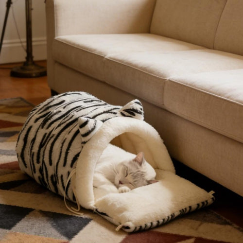 Black White Stripe Warm Plush Cat Bed, Semi-Enclosed Kitten Sleeping Bag (Large)