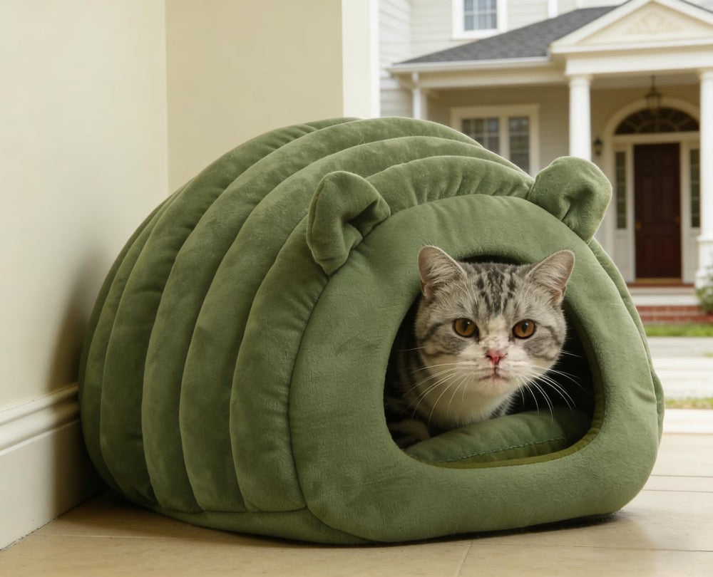 Plush Caterpillar Cat Cave Bed – Convertible Cozy Mat, Large Green Pet Nest