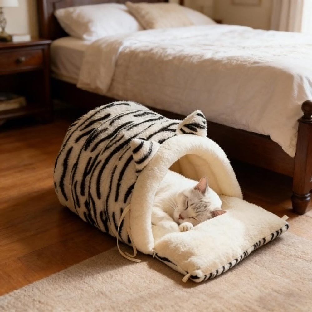 Black White Stripe Warm Plush Cat Bed, Semi-Enclosed Kitten Sleeping Bag (Large)
