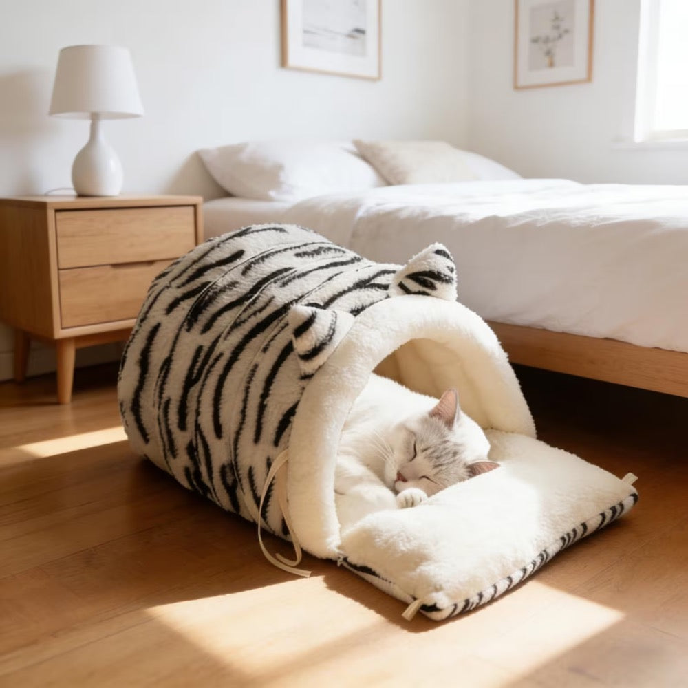 Black White Stripe Warm Plush Cat Bed, Semi-Enclosed Kitten Sleeping Bag (Large)