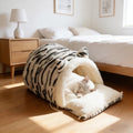 Black White Stripe Warm Plush Cat Bed, Semi-Enclosed Kitten Sleeping Bag (Large)