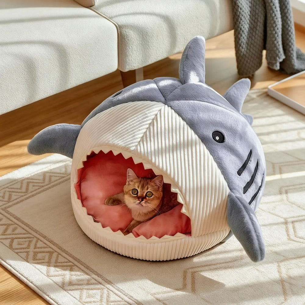 Shark-Shaped Cat Bed: Warm Plush Kitten Hideout