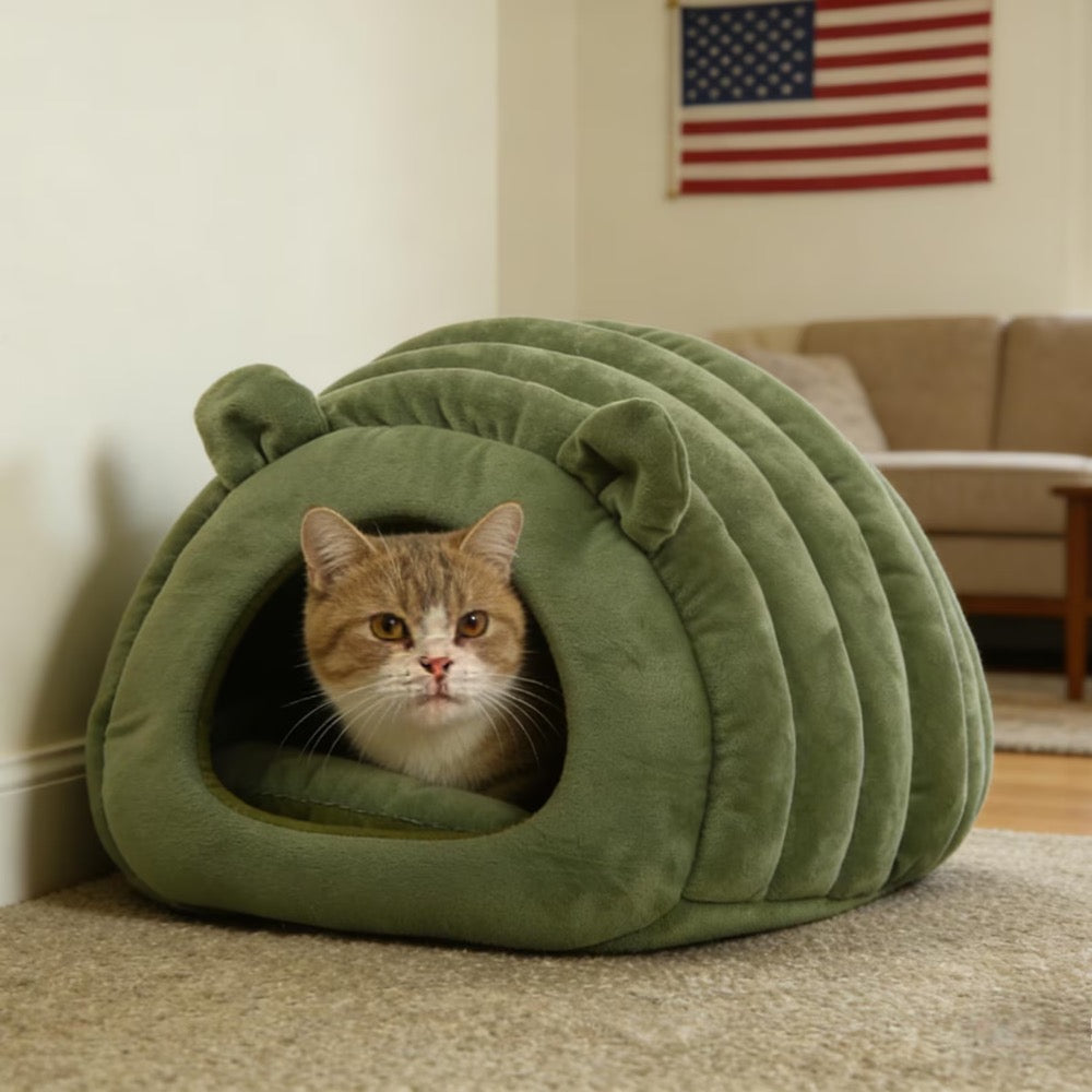 Plush Caterpillar Cat Cave Bed – Convertible Cozy Mat, Large Green Pet Nest