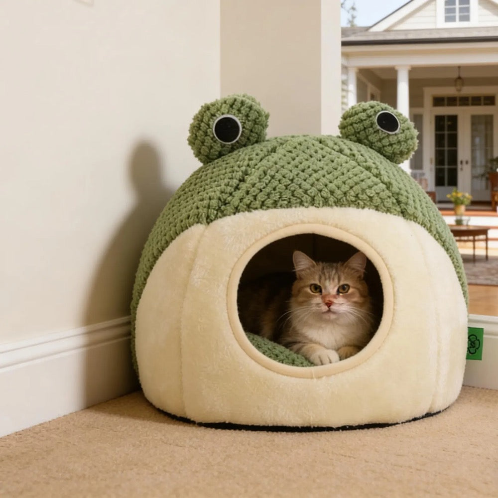 Frog Shaped Cat Bed, Semi-Enclosed Plush Pet Nest (Large Size)